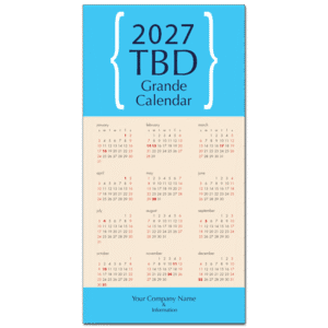 Text reads 2027 TBD Grande Calendar in this placeholder image for discount business holiday calendar orders and links to purchase product with the design to be determined later.