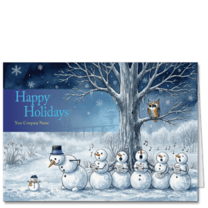 Business Xmas Cards featuring a choir of adorable snowmen in a wooded snowy scene. Your company name and choice of greeting is also on the card front.
