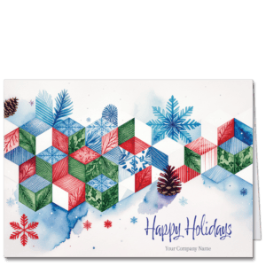 Personalized business holiday cards with abstract cubes embellished with winter scene elements in colors of red, blue and green. Your choice of holiday greeting and your company name are printed on the front.