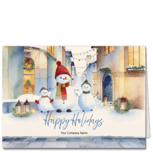 Snowman Christmas cards depicting a trio of snowmen dressed up in scarves and strolling down a Tuscan style alley way. Your greeting and company name is featured on the front.