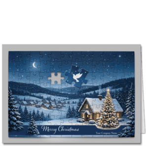 These custom business Christmas cards feature a snowy winter landscape in a jigsaw puzzle pattern, and in the sky is a missing puzzle piece with a white dove and olive twig. Your company name and choice of greeting is printed on the front.