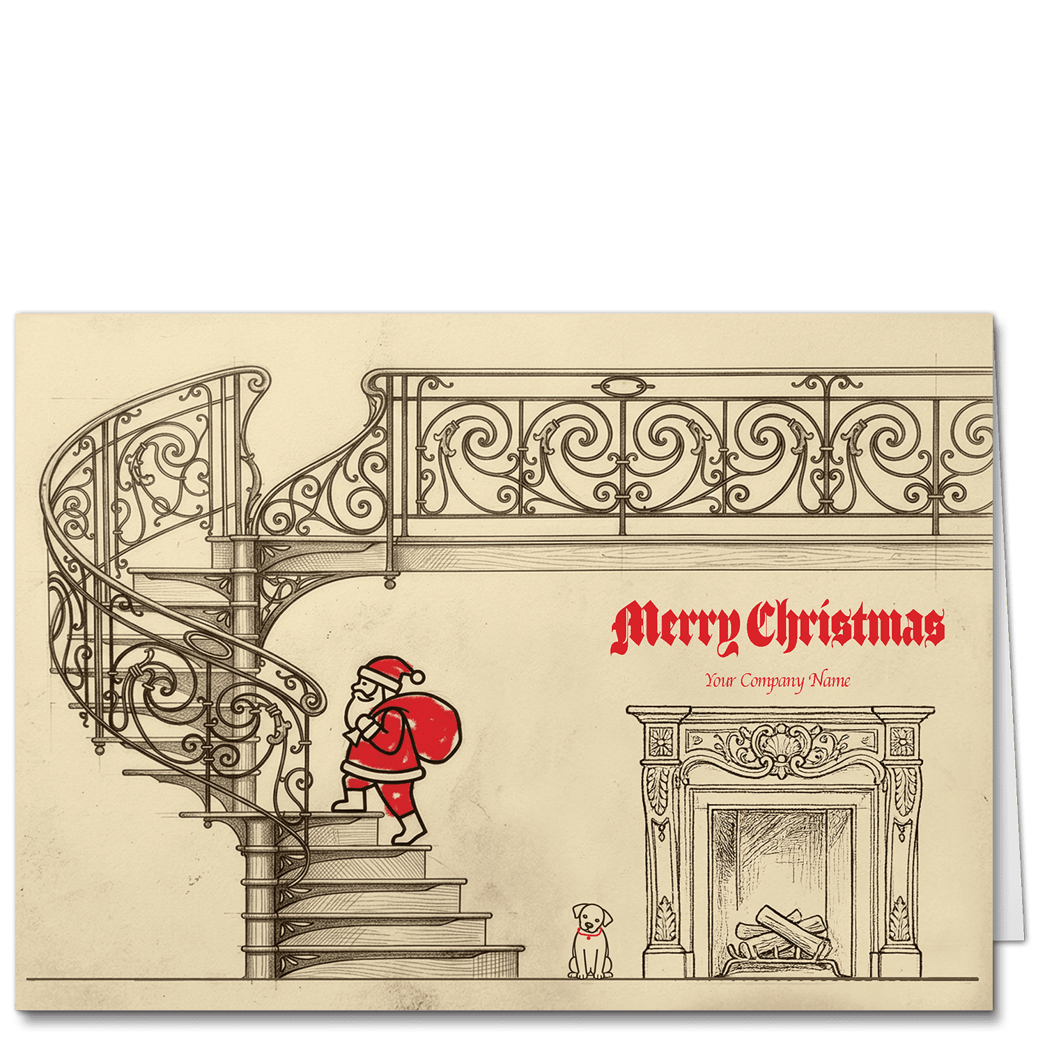 These Christmas cards for business feature a very vintage style Santa with his toy sack over his shoulder and tip toeing up a beautiful art nouveau wrought iron style staircase. A little dog stands watch at the foot of the staircase and your choice of greeting and company name is printed on the front.