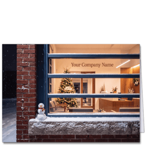 An architecture Christmas card that allows you to peek into the office at night. Your company name is featured in the office window and an adorable little snowman sits on the window ledge outside.