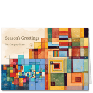 Custom corporate holiday cards with brightly colored cubist patterns inclue your company name and holiday greeting selection in the upper left.
