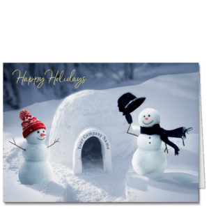 These company Christmas cards feature tow adorable snowmen inviting you to enter their igloo home. Your company name is featured on the opening of the igloo.