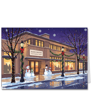 This Architecture Christmas card shows a San Francisco style shop scene with snow men in front. Your company name and greeting are displayed on the sign above the shop doorway.
