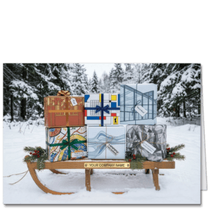These Christmas cards for architects feature an old school wooden sled in a wintry scene. There are Christmas gift packages on the sled in the style of some of the modern master architects, and your company name is featured on the brass plaque on the sled.