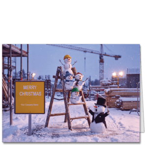 These engineering Christmas cards have a happy little choir of snowmen singing on their job site. A sign displays your company name and Christmas greeting.