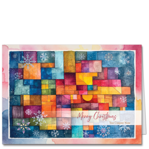 These corporate xmas cards present a beautiful patchwork of bright colors and snowflakes. Your company name and choice of holiday greeting are featured on the front.