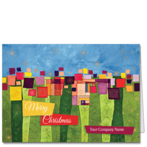 These Christmas company cards feature abstract forms in shades of green with a blue sky above. Your holiday greeting and company name are displayed in brightly colored retro style blocks on the card front.